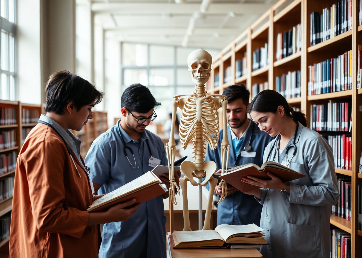 Medical students studying anatomy in a university library