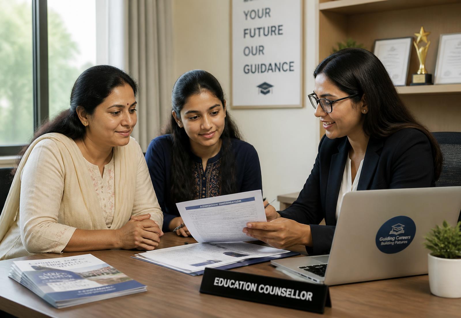 A counsellor reviewing MBBS admission documents with a student and her mother