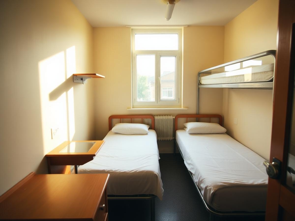 A clean student hostel room with two beds and study desks