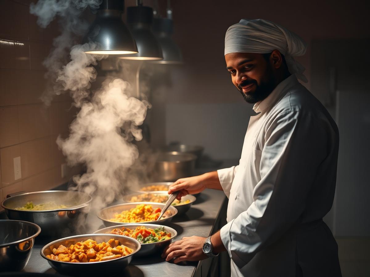 An Indian chef serving fresh meals in a hostel mess kitchen