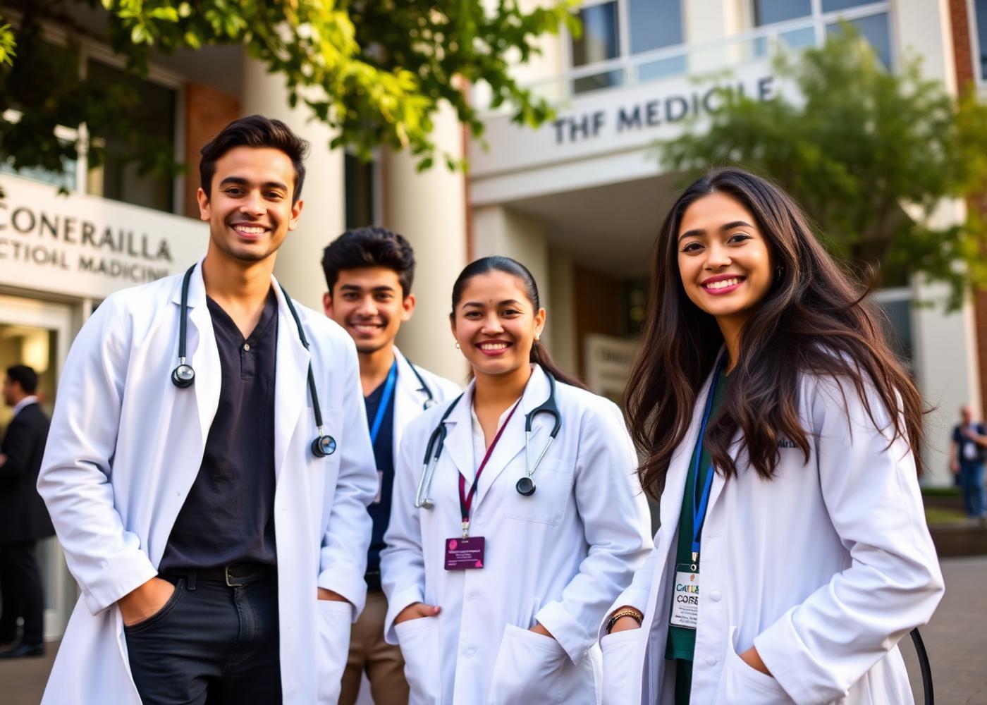 International medical students in white coats outside a school of medicine